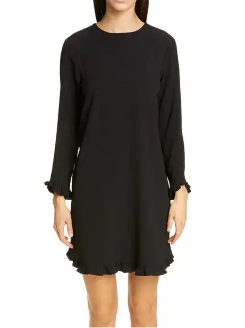 Ganni Clark Black Long-Sleeve Mini Dress with Ruffle Hem Shift Dress Size Small